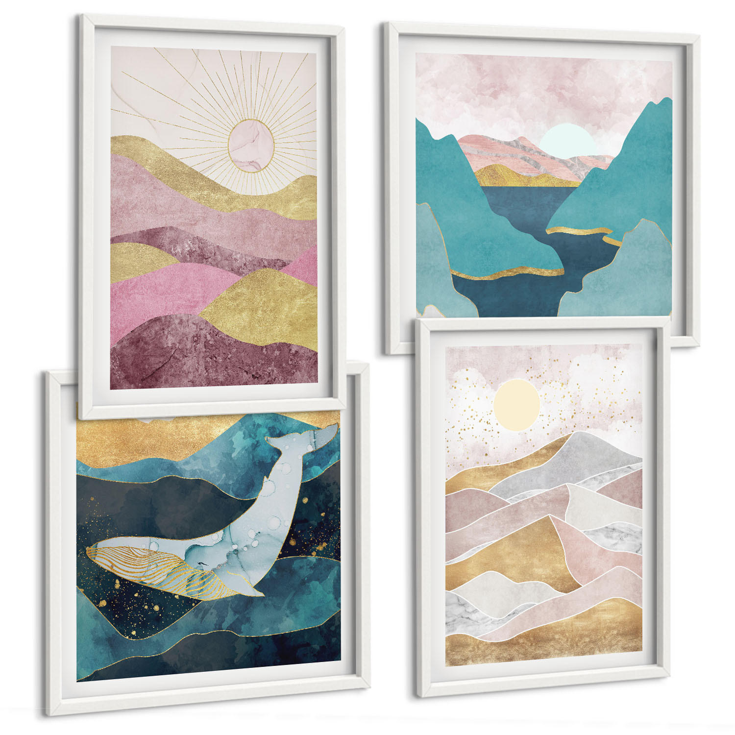 BILDER SET 4er Set - 50x50 cm & 40x60 cm Weißer Rahmen - Abstrakte Berge Sonne - Weiß, Kunststoff (50/50cm) - TULUP