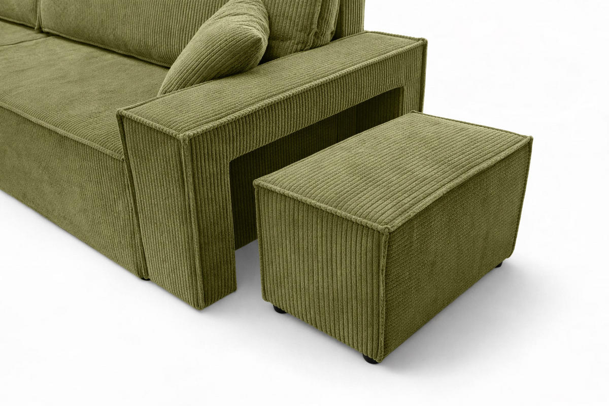 ECKSOFA Mit Schlaffunktion Und Pouf, Cordstoff Poso, Olive, Links, Best L Mit Pouf - Olivgrün, Holz (244/145cm) - Kaiser Möbel