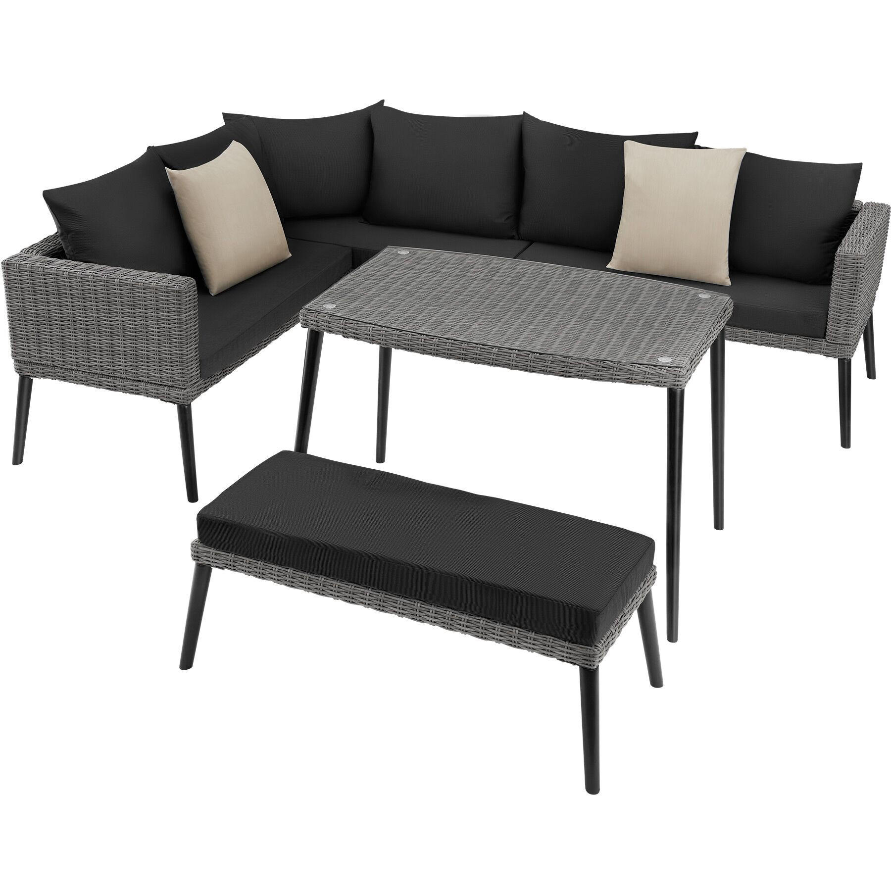 RATTANLOUNGE Pula,mit Sicherheitsglasplatte,grau - Grau, Kunststoff/Metall - tectake