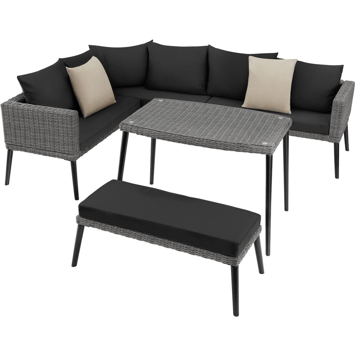 RATTANLOUNGE Pula,mit Sicherheitsglasplatte,grau - Grau, Kunststoff/Metall - tectake