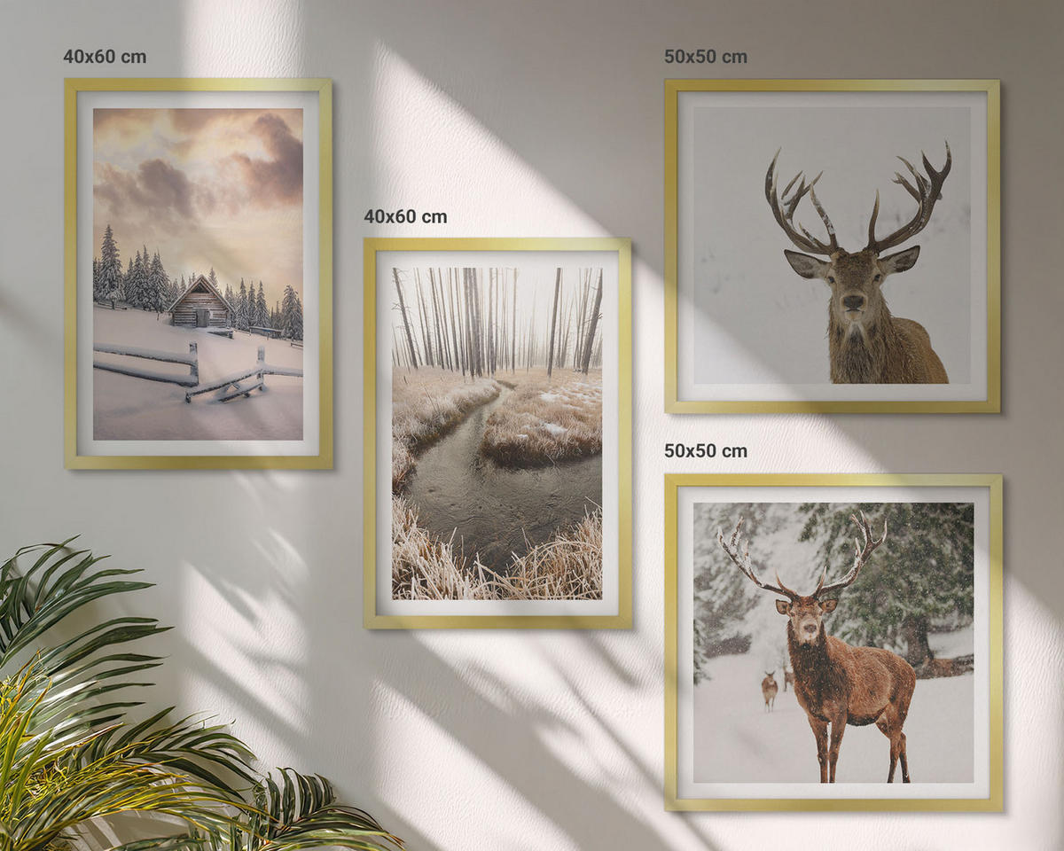 WANDBILDER 4er Set - 50x50 cm & 40x60 cm Goldrahmen - Winterlandschaft mit Hirschen - Goldfarben, Kunststoff (50/50cm) - ArtPrintCave