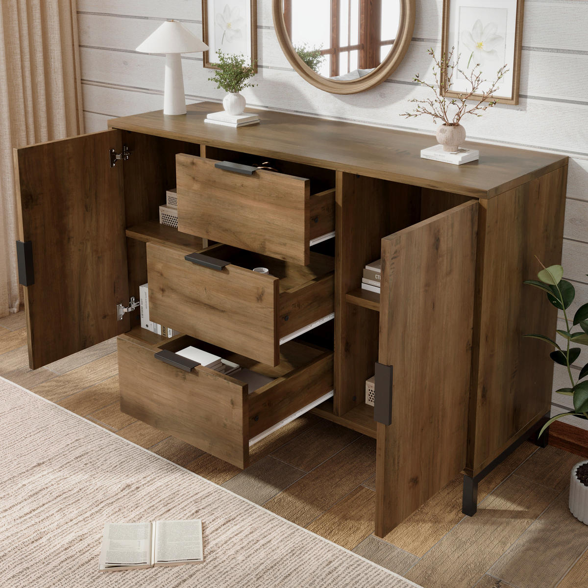 KOMMODE 120/40/76 cm in Dunkle Eiche mit 2 Türen, 3 Schubladen und Metallgestell - Nussbaumfarben, Holzwerkstoff (120/76/40cm) - Flora Grace