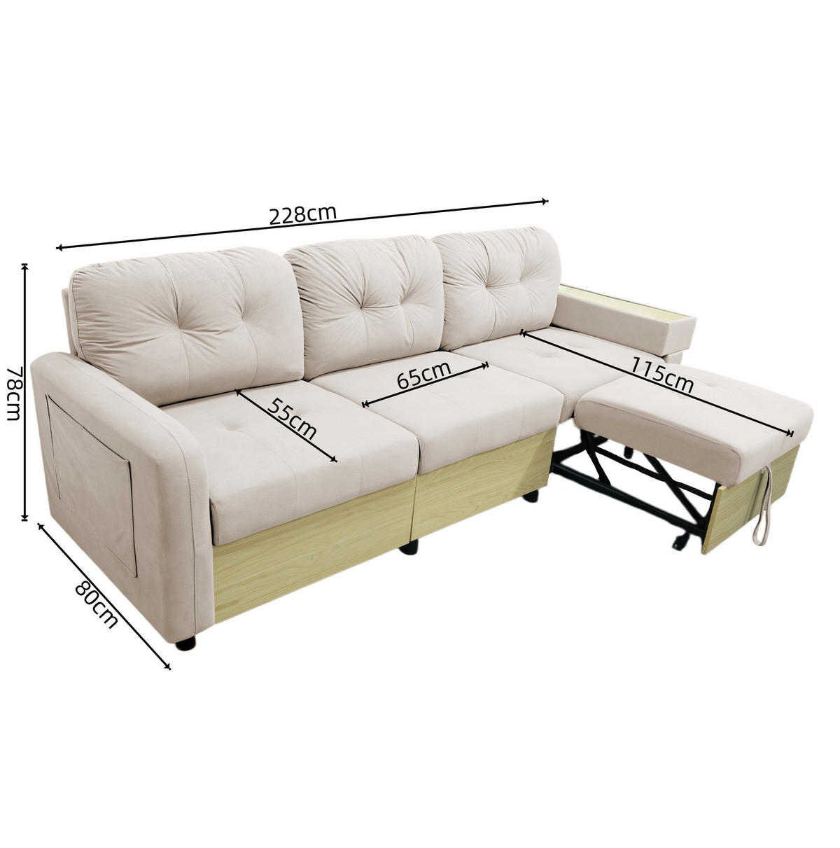 ECKSOFA 228/80/78 cm beige aus Samt mit Stauraum und USB - Beige, Textil (80/228cm) - OKWISH