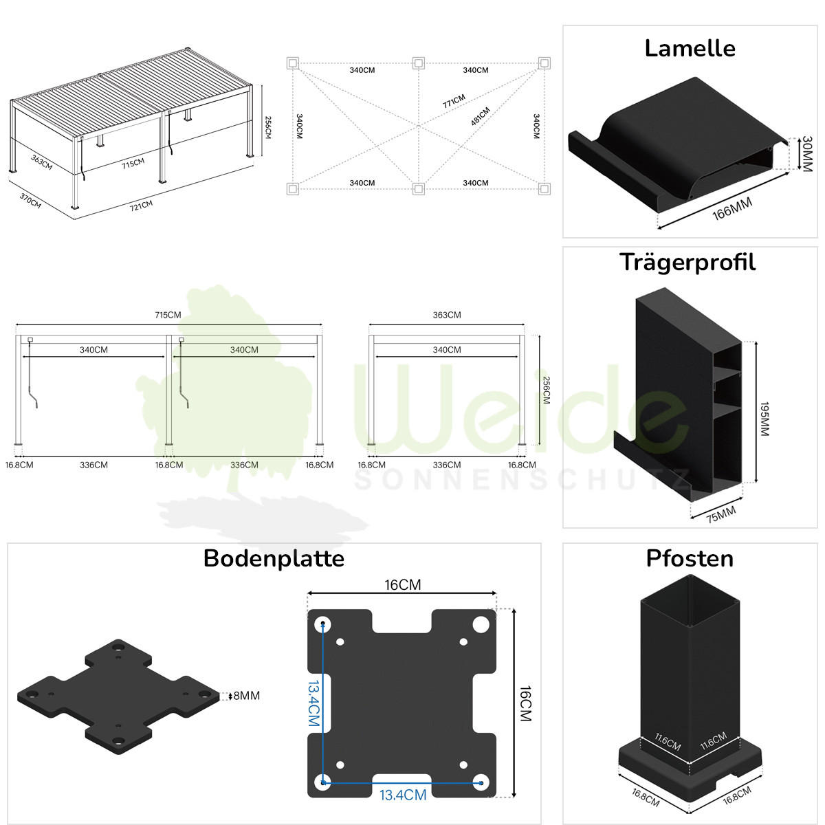 PERGOLA Deluxe Voll-Alu Pergola 3,6 x 7,2 M Ivory Sand Lamellendach - Beige, Metall (360/255/720cm) - WEIDE
