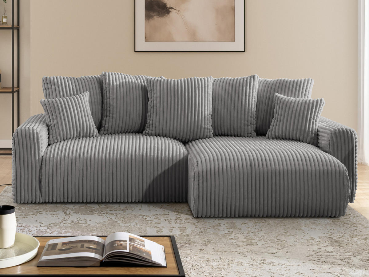 ECKSOFA Calma mit Schlaffunktion und Bettkasten im Bumpy-Design aus weichem Grau Plüschcord - Ottomane rechts - Schwarz/Grau, Holz/Kunststoff (140/239cm) - S-Style