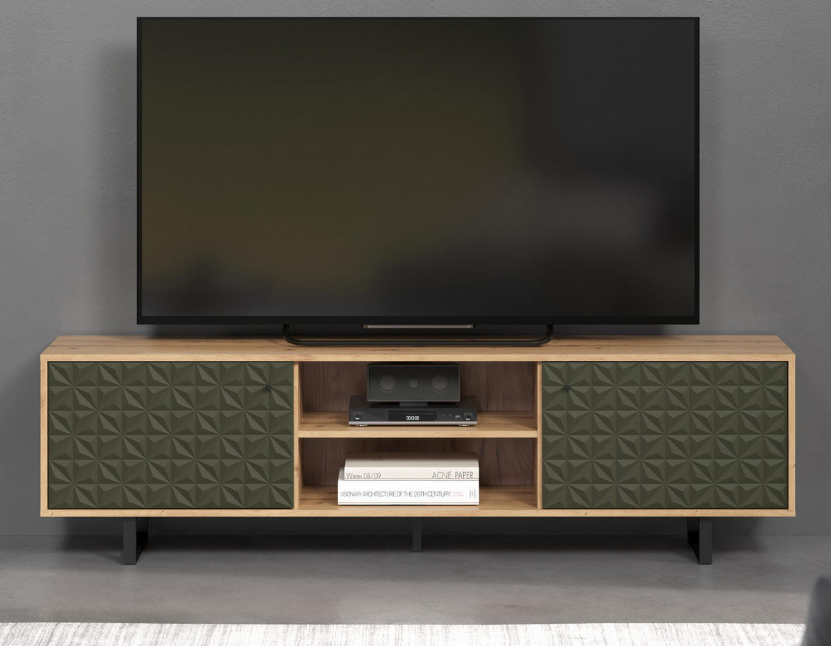 TV-LOWBOARD grün matt mit 3D Struktur, Eiche Artisan 184 cm, TV-Unterteil mit Soft-Close - Schwarz/Eiche Artisan, Holzwerkstoff/Kunststoff (184/52/40cm) - Top.Furn