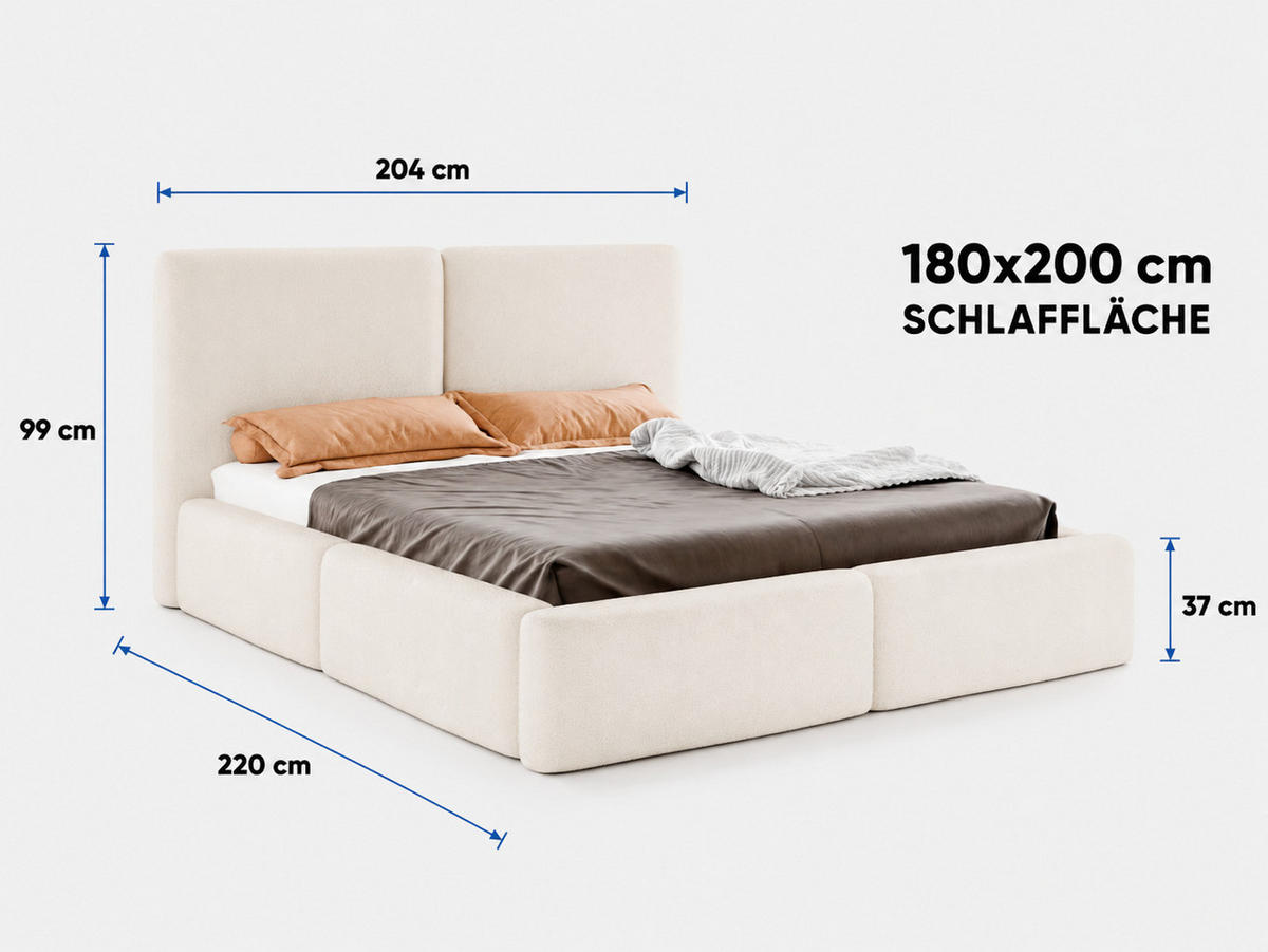 POLSTERBETT LIVIA 180x200 cm mit Bettkasten, Stauraum und Metall-Lattenrost – Bouclé Stoff Braun - Schwarz/Braun, Textil/Metall (180/200cm) - Luxkor24