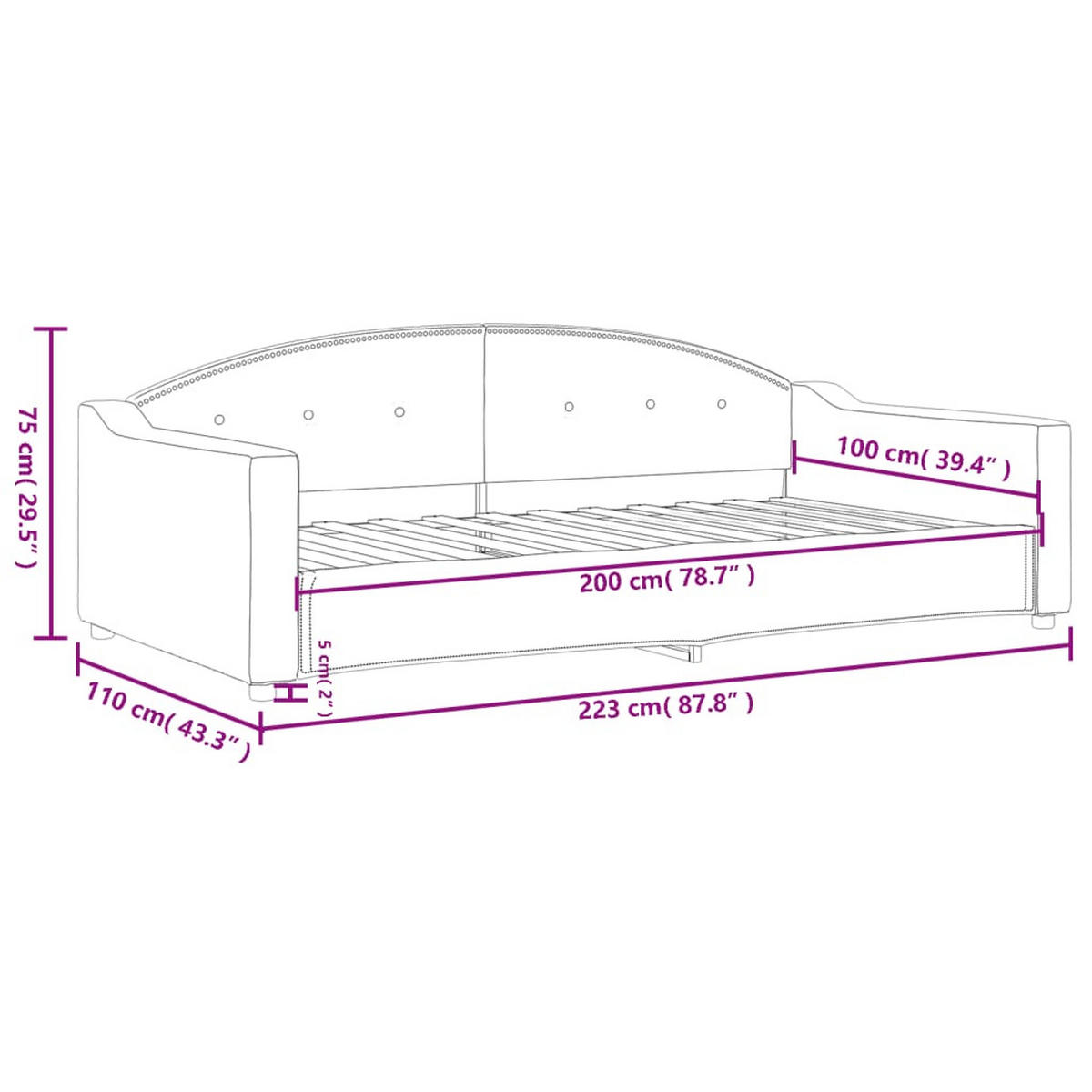 TAGESBETT Dunkelgrau 100/200 Cm Stoff - Grau, Textil (100/200cm) - vidaXL