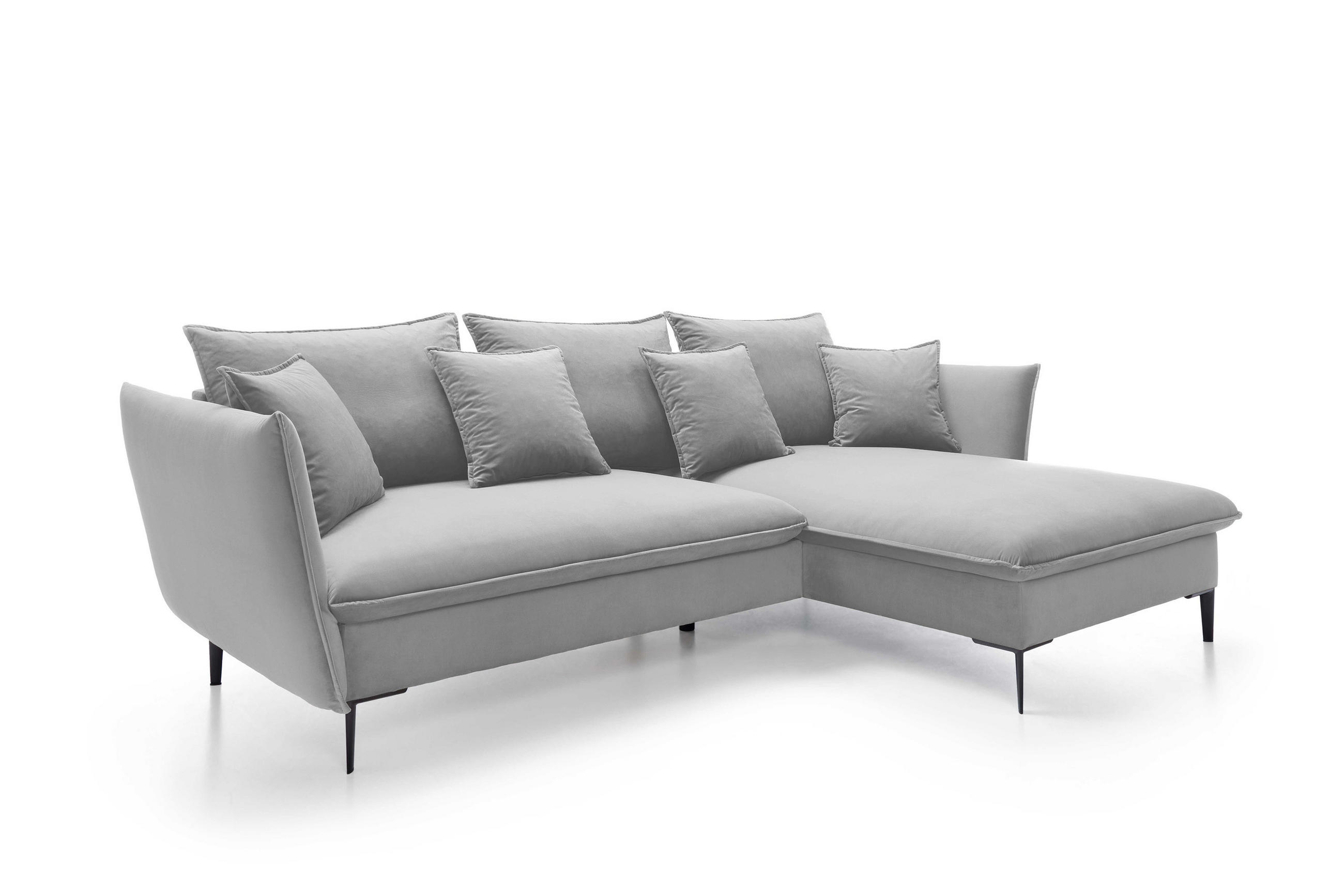 ECKSOFA GLOSS mit Schlaffunktion, Ottomane & goldenen Füßen – Samtsofa im GLOSSour-Stil mit Zierkissen, 258x167x91 cm, Rechte, GRAU - Blau, Holz/Textil (258/167cm) - DomoHome
