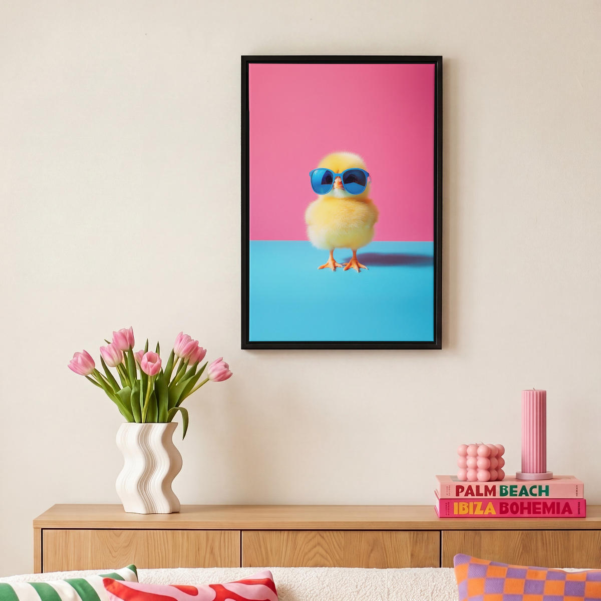 LEINWAND Bilder mit Rahmen - Chick - Sonnenbrille - Blau - 20x30 - Pink, Textil (20/30cm) - MuchoWow