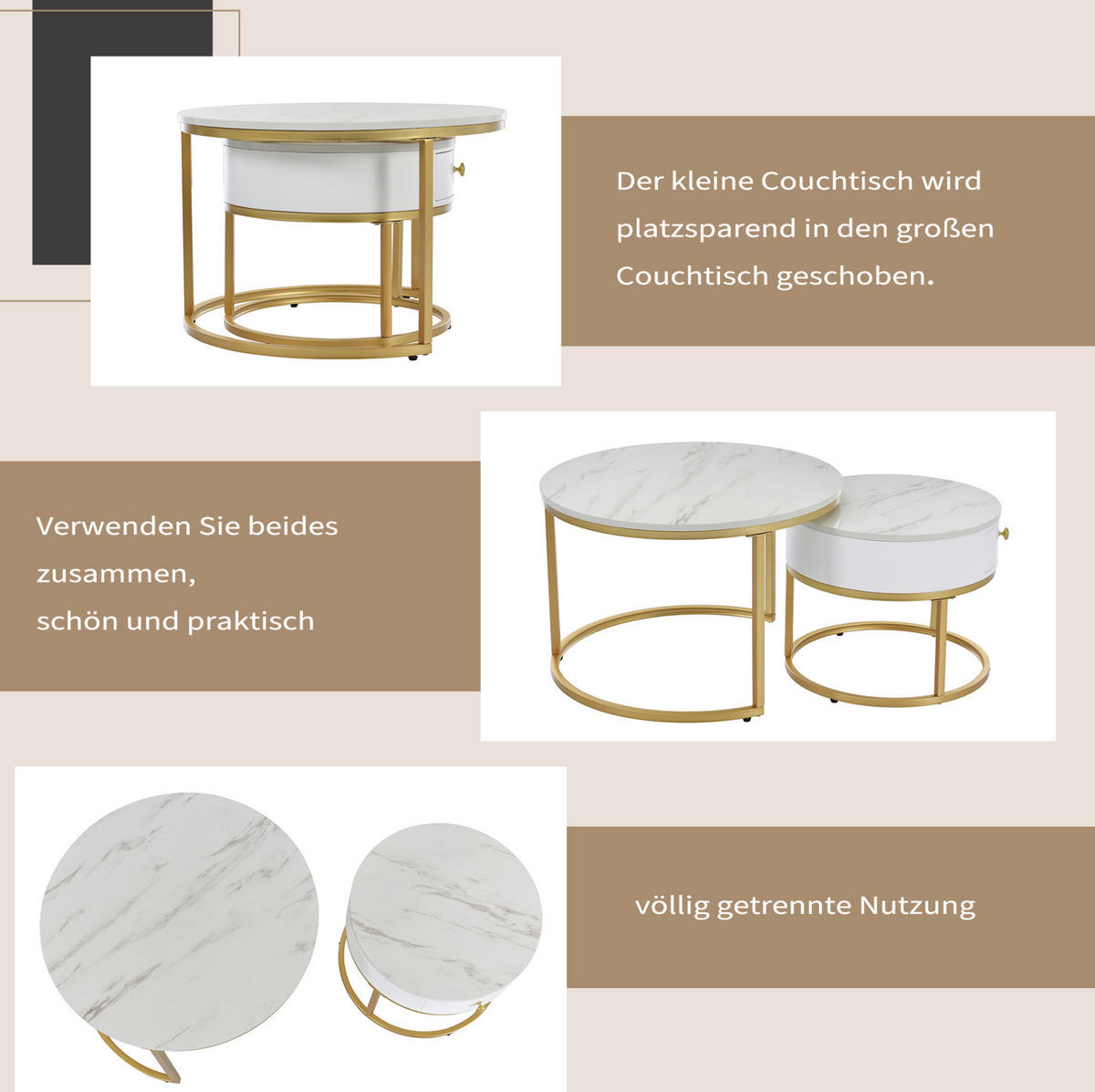 KOMPLET klubskih mizic, 70/70/48 in 50/50/43,5 cm, MDF bela visok sijaj - bela, leseni material (70/70/48cm) - BEAOK