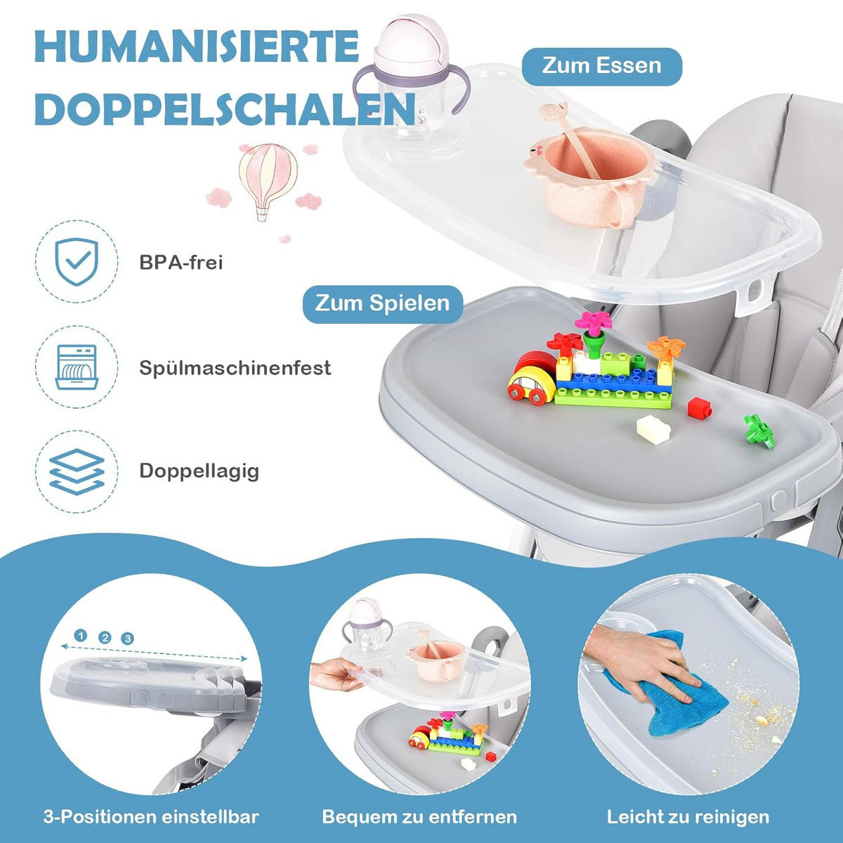 KINDERHOCHSTUHL Grau - Grau, Kunststoff (56/104/84cm) - COSTWAY