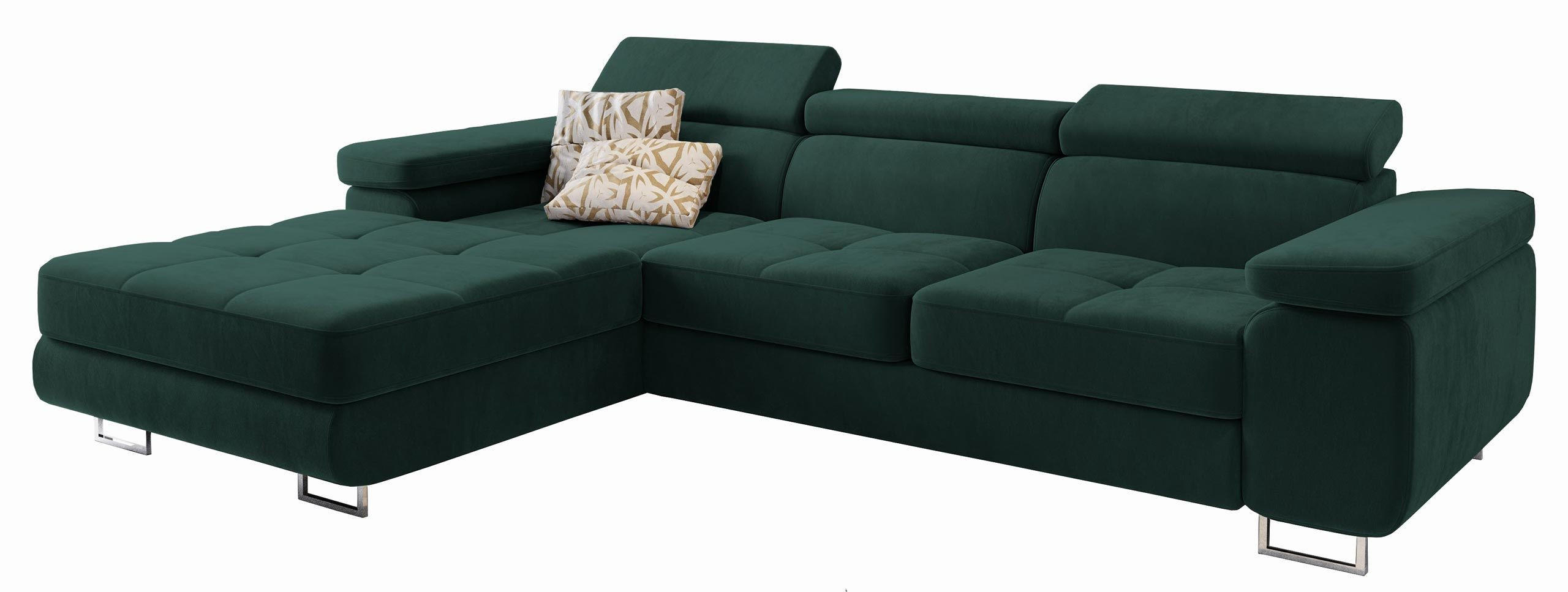 ECKSOFA ELMA L-S Grün Velours-Stoff mit Schlaffunktion - Grün, Holz (280/205cm) - MASSENO