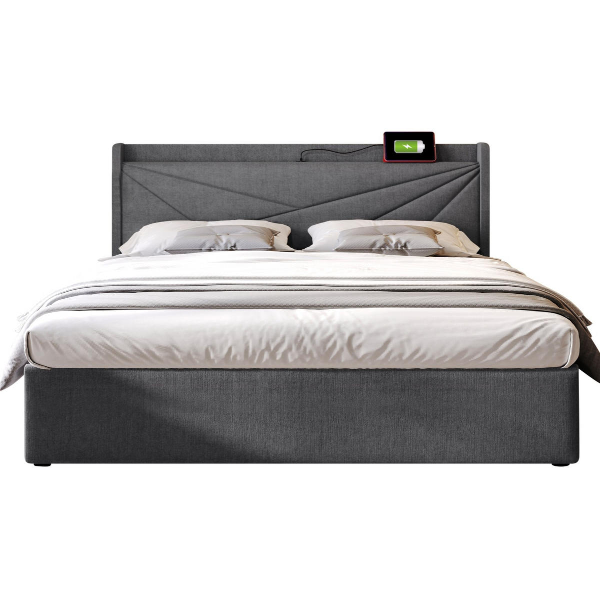 POLSTERBETT aus Baumwoll-Leinen 180x200 cm in Grau mit USB/Typ-C - Grau, Textil (180/200cm) - Modfu