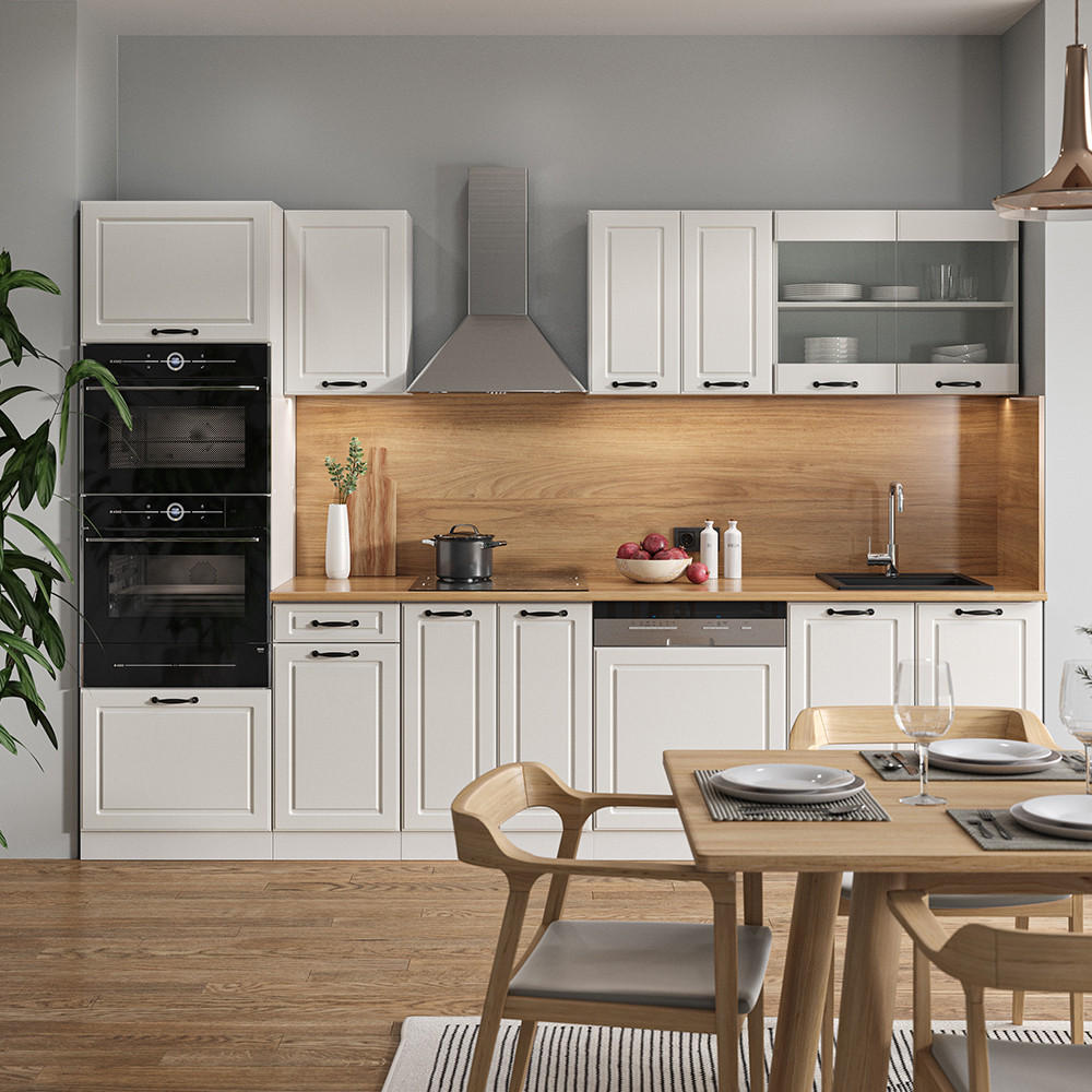 KÜCHENZEILE R-Line Weiß Landhaus/Weiß 300 cm mit Hochschrank, ohne AP - Creme/Weiß, Holzwerkstoff (300/81.6/46cm) - Vicco