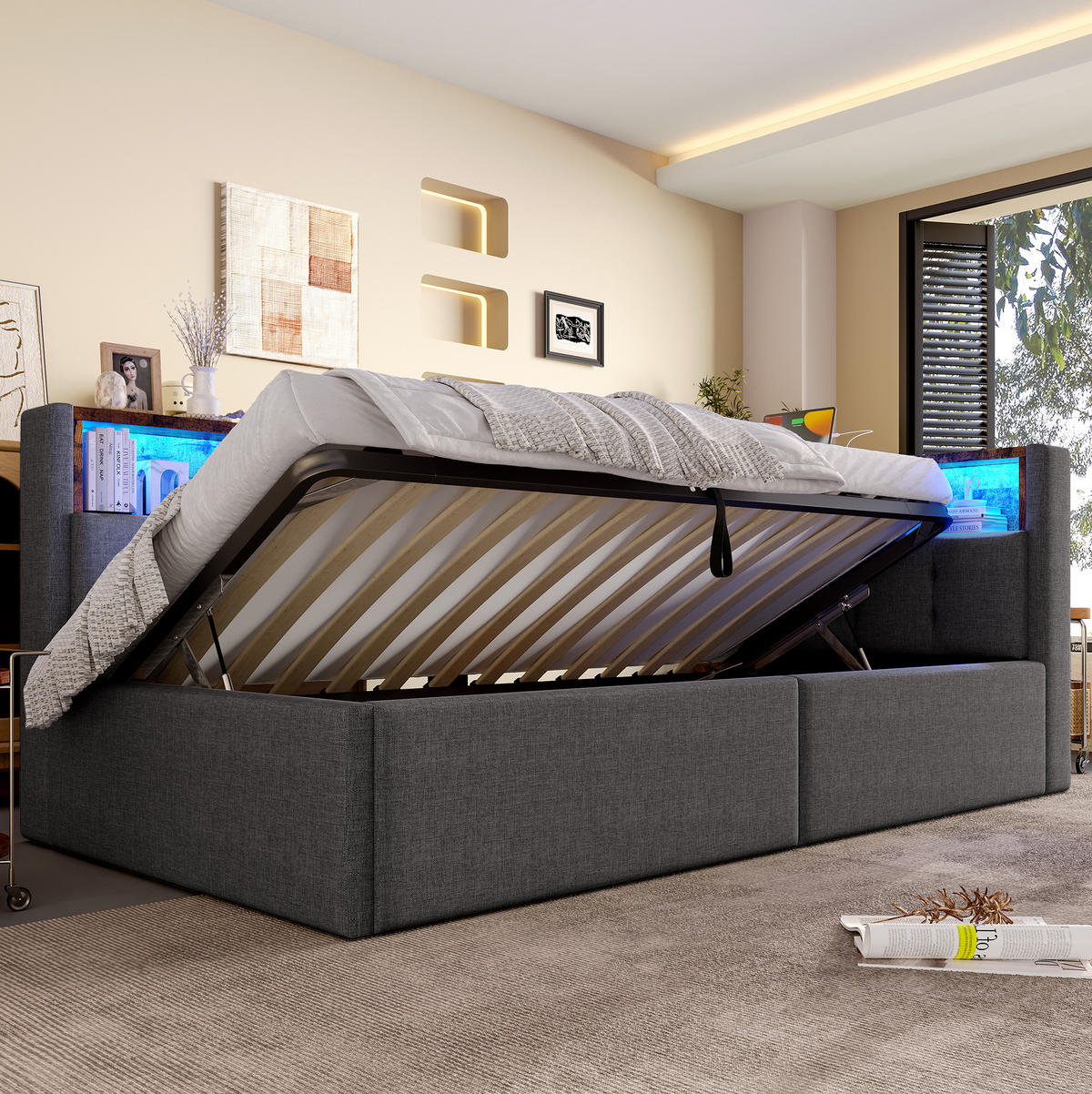 KREVET za jednu osobu 90/200 cm sivi od lana s LED rasvjetom, USB i hidrauličnom pohranom - siva, tekstil (90/200cm) - OKWISH