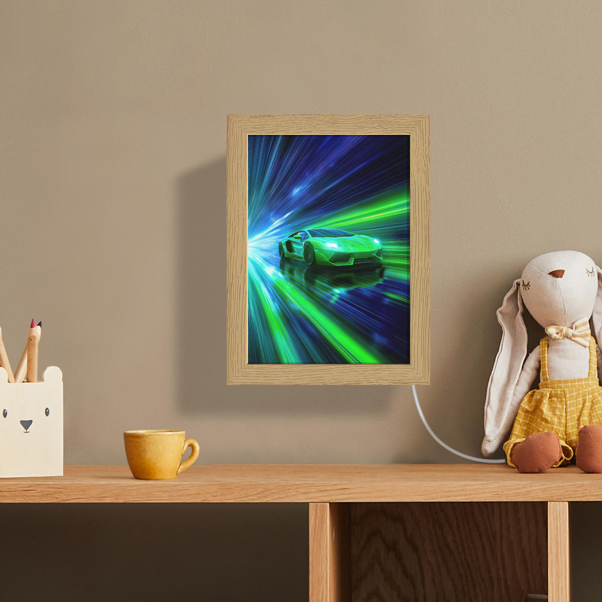 NÁSTĚNNÁ LAMPA Rychlost - Lehké - Sportovní vůz - Zelená 15x20 cm - zelená barva, kompozitní dřevo (15/20/8cm) - OnlyWow