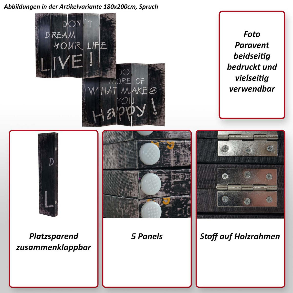 FOTO-PARAVENT RETRO Schwarz, Weiß - Schwarz/Weiß, Holz (240/180/2cm) - MCW