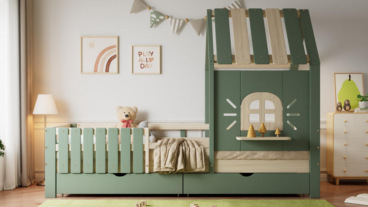 KINDERBETT 90x200 cm Haus Schubladen grün - Grün, Holz (90/200cm) - Fortuna Lai
