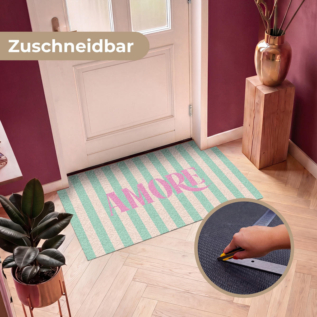 FUSSMATTE Rosa – Grün – Streifen – Amore 120x80 cm - Mintgrün, Kunststoff (120/0.4cm) - MuchoWow