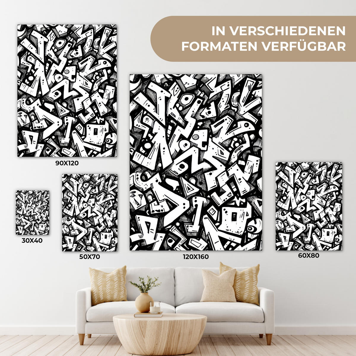LEINWANDBILD Formen - Buchstaben - Graffiti - Schwarz Room Decor 30x40 cm - Schwarz, Textil (30/40cm) - MuchoWow