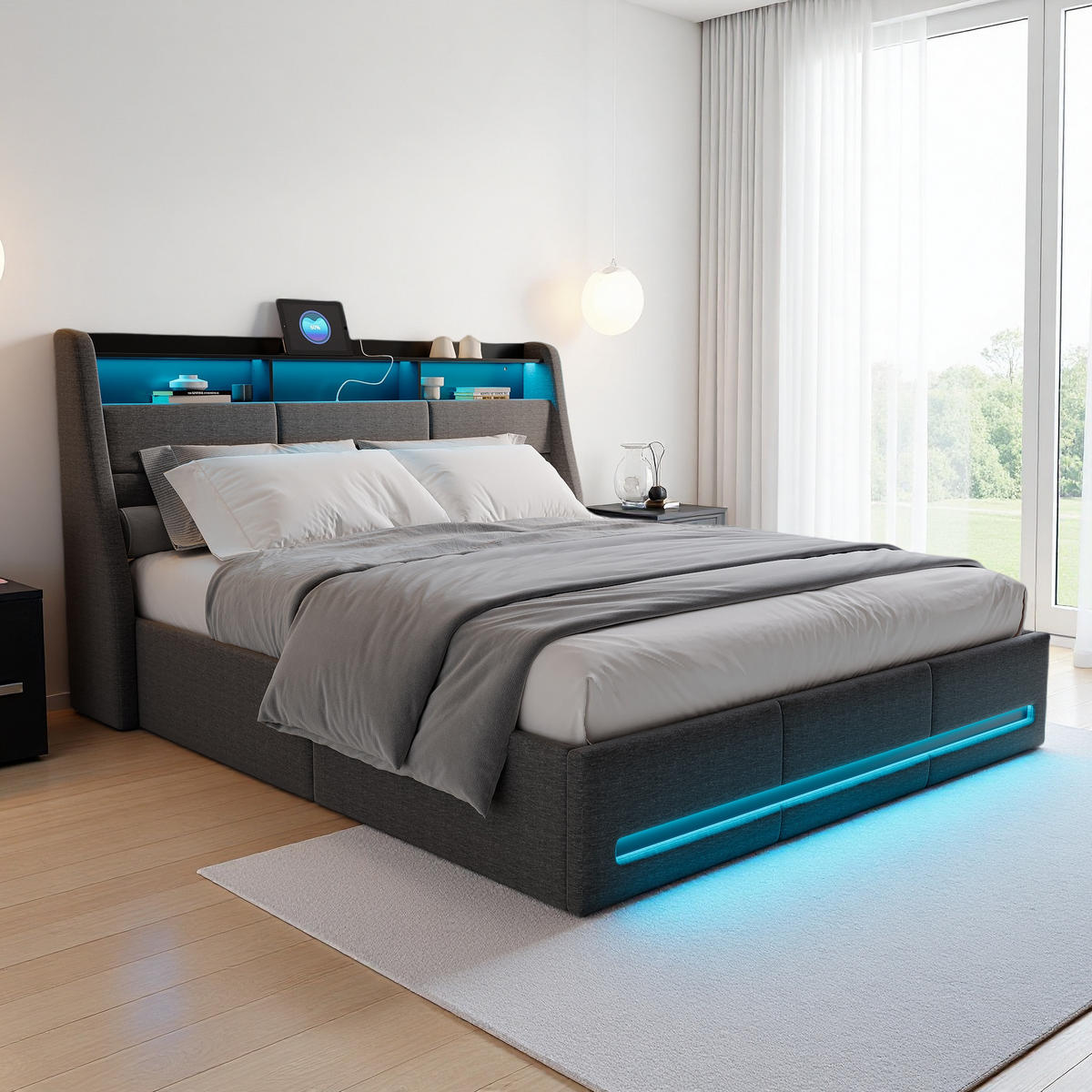 POLSTERBETT 140x200 cm LED USB Stauraum Kopfteil Lattenrost Leinen grau - Grau, Holz (140/200cm) - LEBENLANG