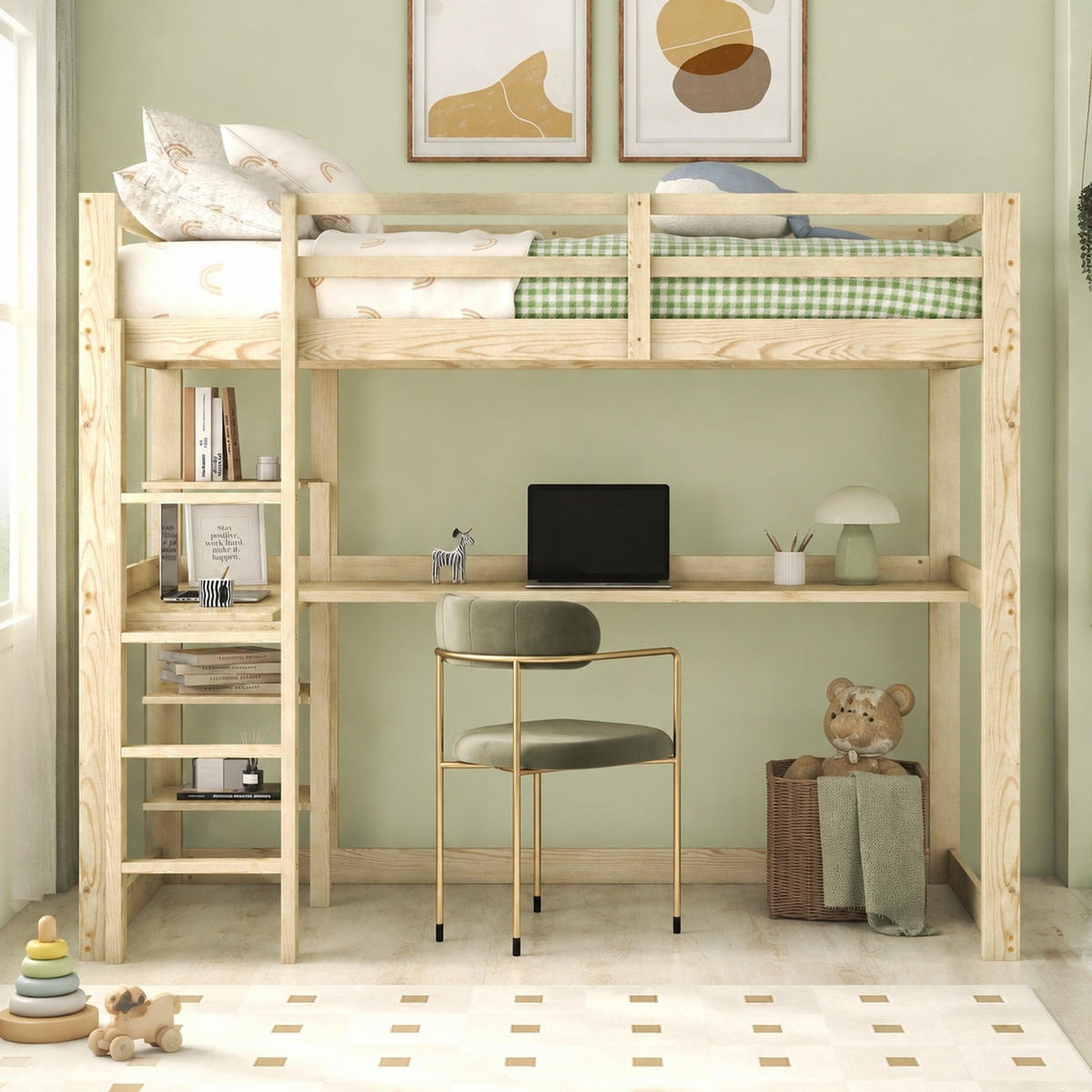 HOCHBETT 140/200 mit Schreibtisch und Ablagefächern in Natur - Naturfarben, Holz/Holzwerkstoff (140/200cm) - EVRYAE