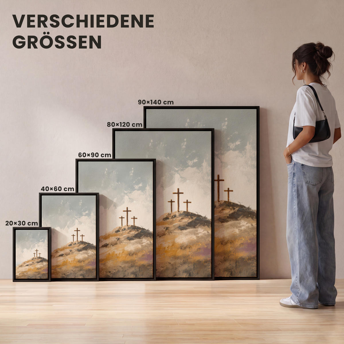LEINWAND Bilder mit Rahmen - Hügel - Abstrakt - Christentum - Kreuz - 80x120 - Hellgrau, Textil (80/120cm) - MuchoWow