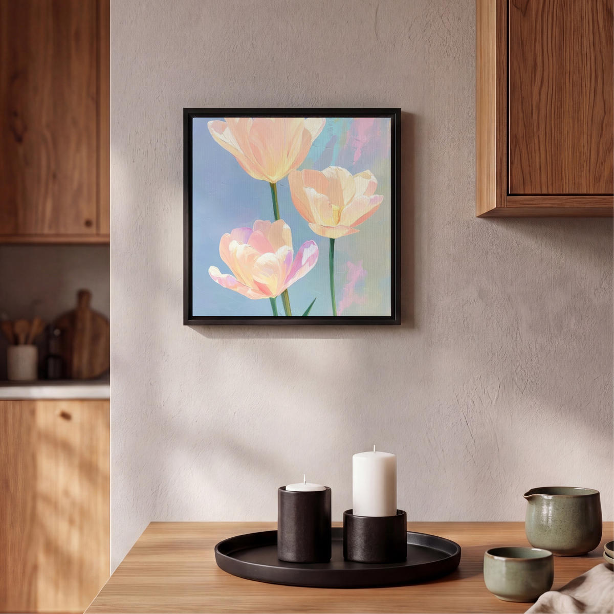 LEINWAND Bilder mit Rahmen - Tulpen - Rosa Akzente - Blau - 20x20 - Pastellblau, Textil (20/20cm) - MuchoWow