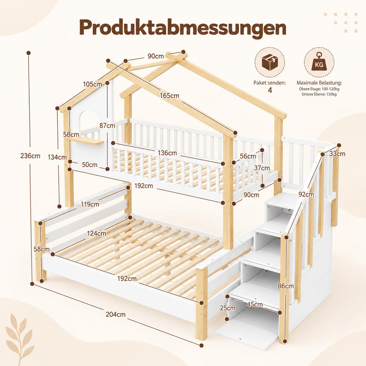 ETAGENBETT 90x190/120x190 mit Treppe/Stauraum, Rausfallschutz, Holz - Weiß, Holz (90/190cm) - LVHOM