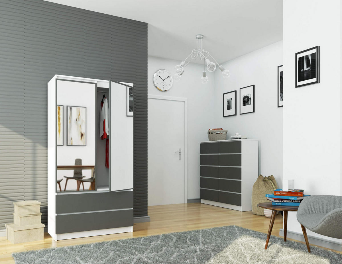 KLEIDERSCHRANK mit Spiegel Weiß, Grau 180x51x90 cm - Graphitfarben/Weiß, Holzwerkstoff (180/180/51cm) - Akord