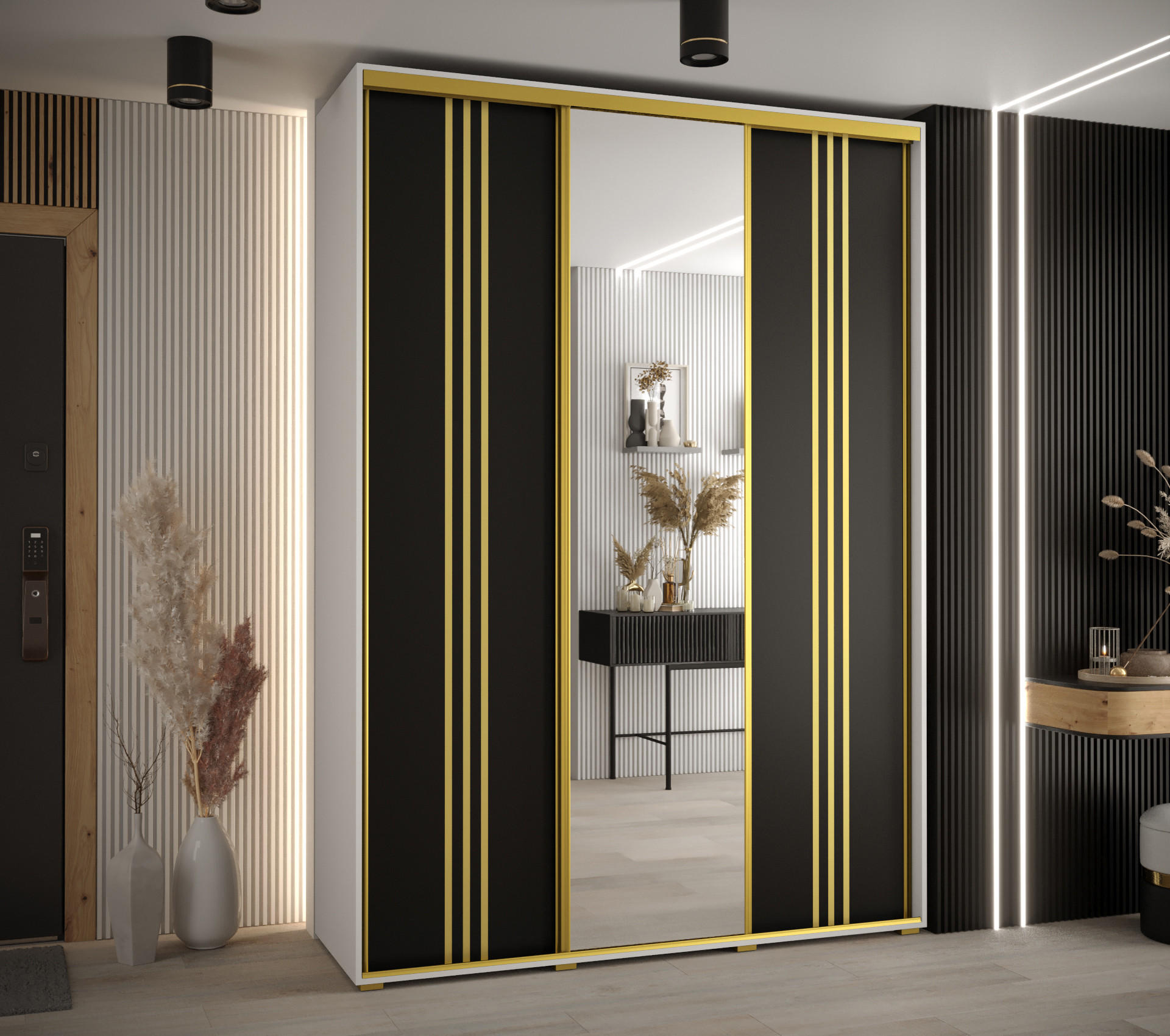 SCHWEBETÜRENSCHRANK 235,2/170/45 3-türig - Goldfarben/Schwarz, Holz/Metall (170/235/45cm) - Abiks Möbel