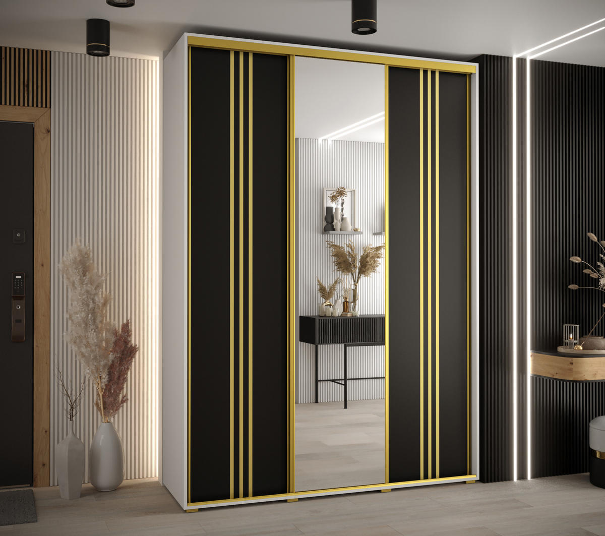 SCHWEBETÜRENSCHRANK 235,2/170/45 3-türig - Goldfarben/Schwarz, Holz/Metall (170/235/45cm) - Abiks Möbel