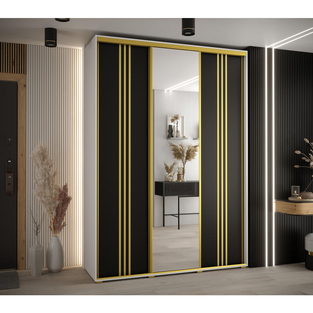 Thumbnail - Abiks Möbel Schwebetürenschrank, Weiß, Schwarz, Gold, Metall, Nachbildung, 10 Fächer, 170x235x45 cm, Schlafzimmer, Kleid...