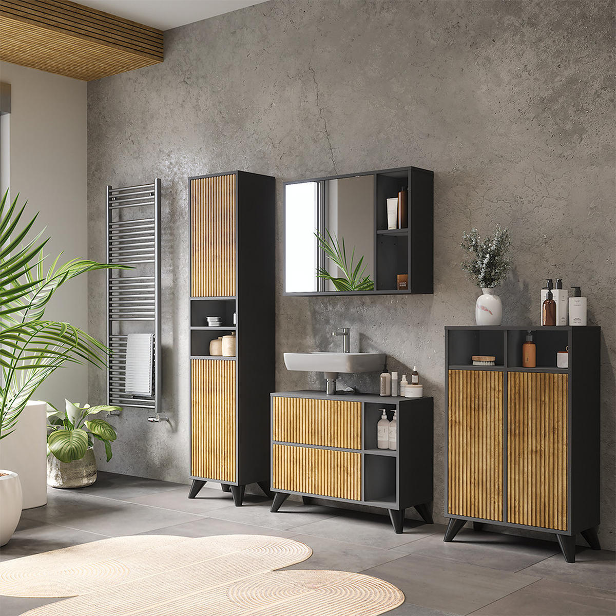 BADMÖBEL-SET Leano Anthrazit/Bergeiche 80 cm, Set 4 - Eichefarben/Anthrazit, Holzwerkstoff (80/62/30cm) - Vicco