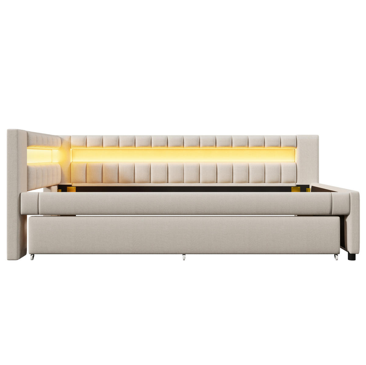 POLSTERBETT aus Leinen 90x200 cm in Beige mit Ausziehbett, LED & USB-Type-C - Beige, Textil (90/200cm) - Modfu