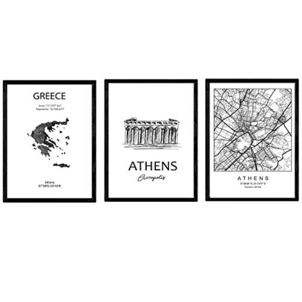 POSTER Set Mit 3 Athen Stadtplan, Akropolis A4 Rahmenlos - Klar, Papier (29.7/5/21cm) - Nacnic