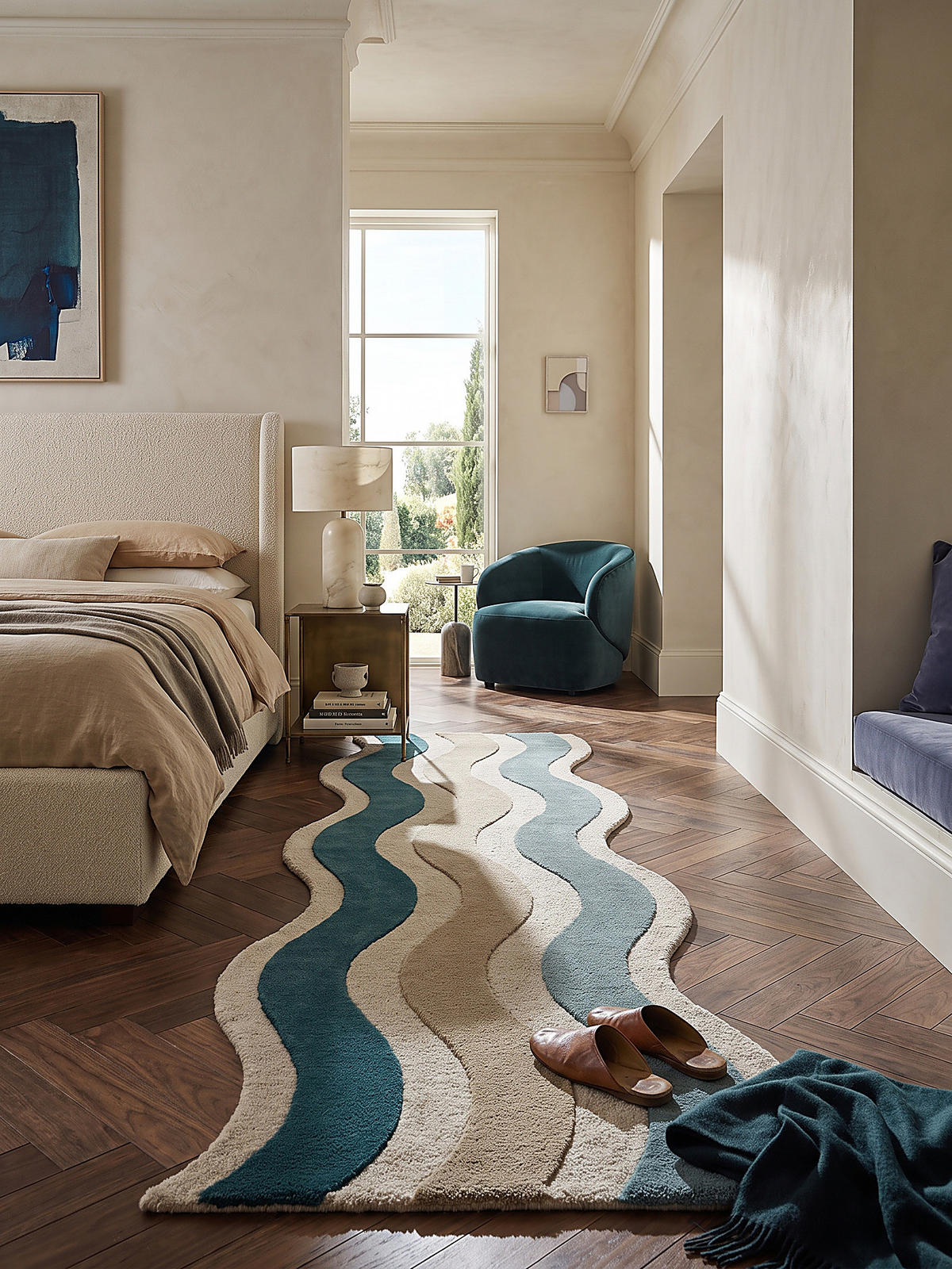 LÄUFER handgetuftet MONNOW, in Natur-Blau, Wellenstreifen, 80 x 300 cm - Beige, Textil (80/300cm) - KADIMA DESIGN