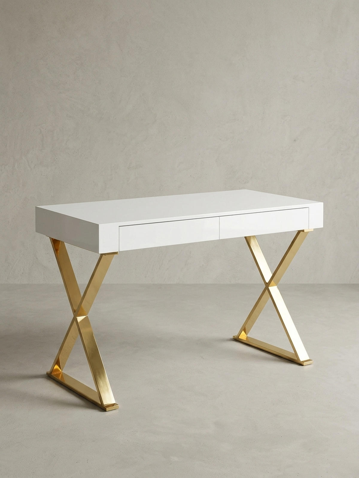 SCHREIBTISCH – Weiß Hochglanz, goldene Beine, 2 Schubladen, modern - Goldfarben/Weiß, Holz/Metall (57/118/76cm) - KADIMA DESIGN