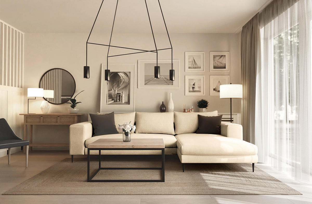 ECKSOFA met Longchair - Webstoff - Beige/Schwarz, Textil/Metall (275/170cm) - home24