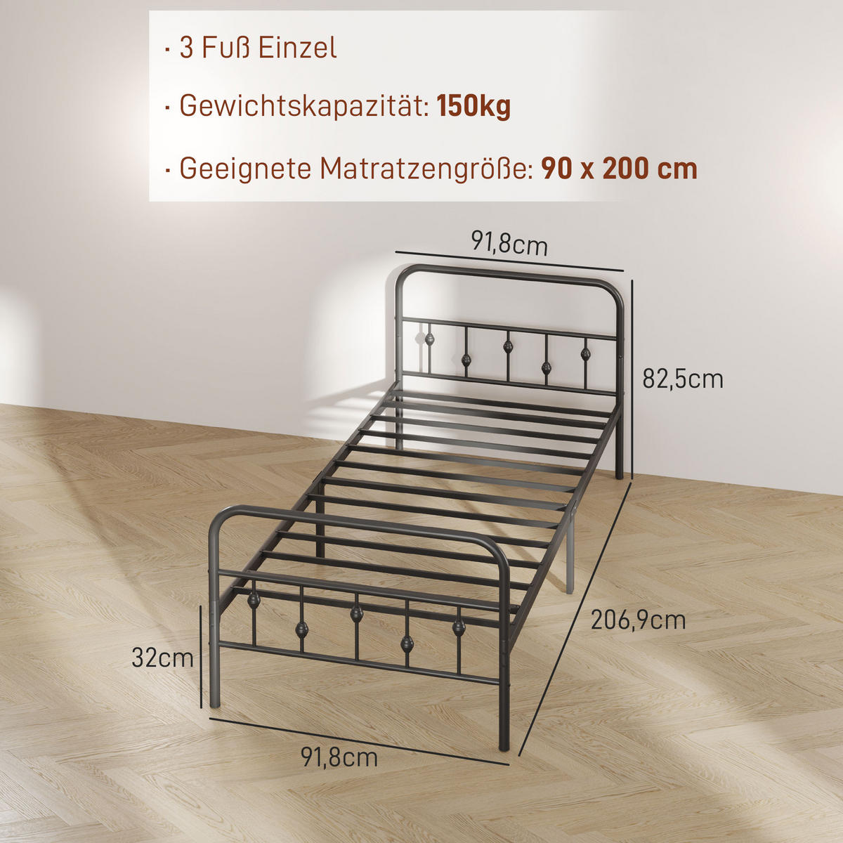BETTRAHMEN für Matratze 200 x 90 cm, 82,5 cm hoch Metallbett, Schwarz - Schwarz, Metall - HOMCOM