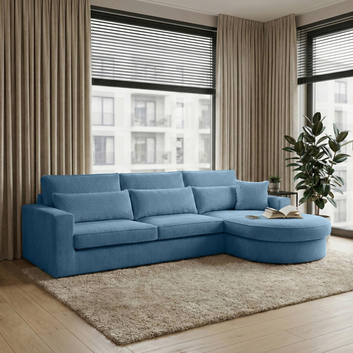 ECKSOFA Pablo ohne Schlaffunktion, mit abgerundeter Ottomane, rechts, Blau - Blau, Textil (319/196cm) - Beautysofa