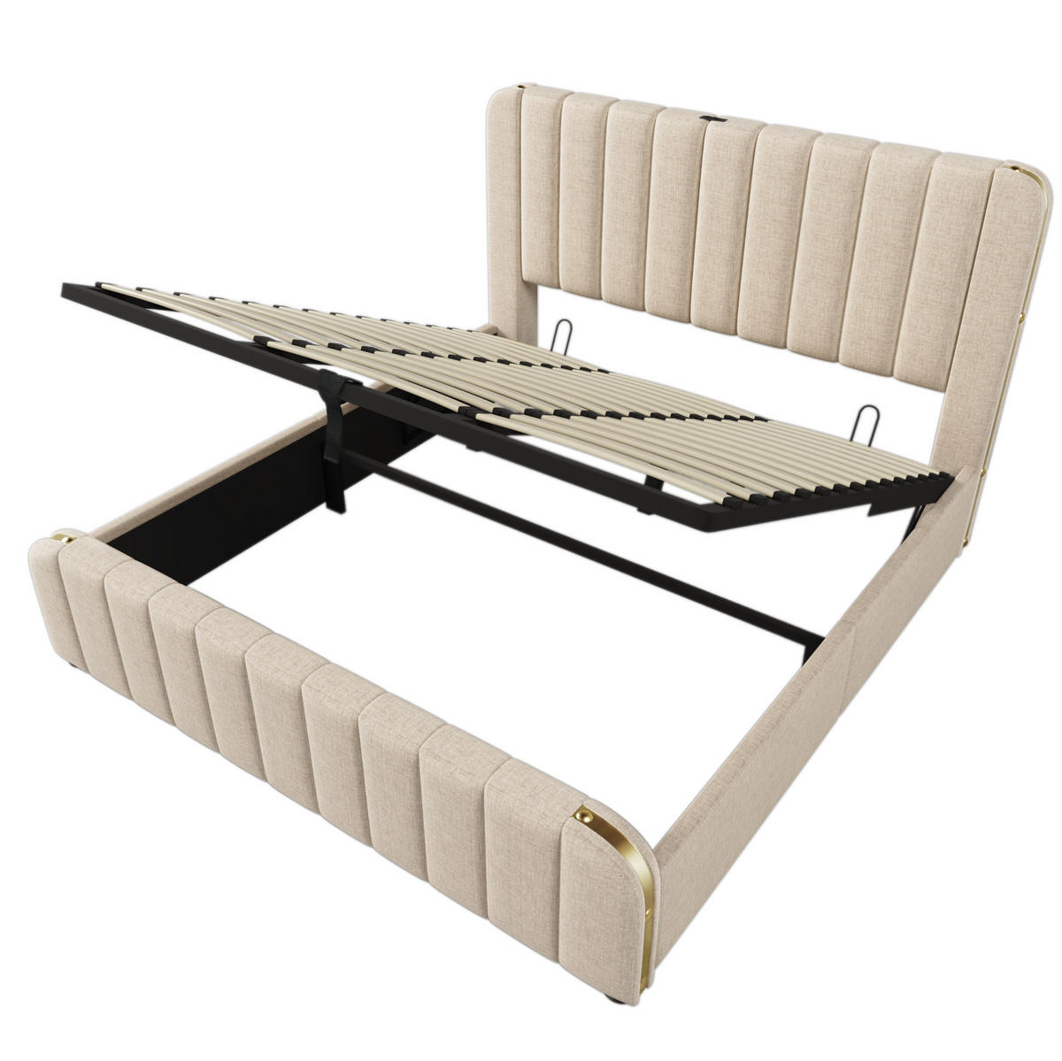 POLSTERBETT mit hydraulischem Stauraum 180x200 cm Leinen Beige mit Matratze - Beige, Metall (180/200cm) - Beauniv