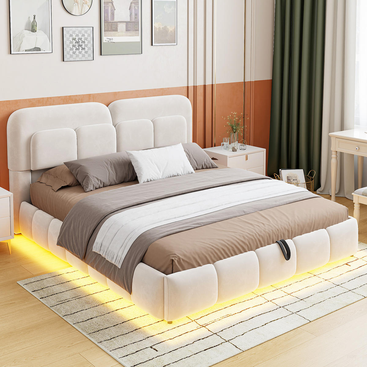 POLSTERBETT 140/200 cm in Beige mit Bettkasten, LED und Samt - Beige, Holzwerkstoff/Textil (140/200cm) - STILVORA
