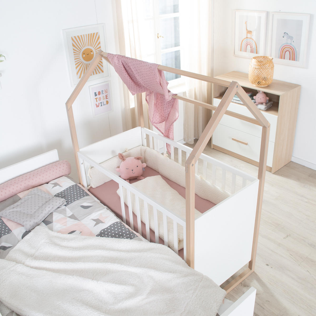 2-IN-1 BABY- & BEISTELLBETT Cabane 60 x 120 cm - Eichefarben/Weiß, Holz (60/120cm) - Roba