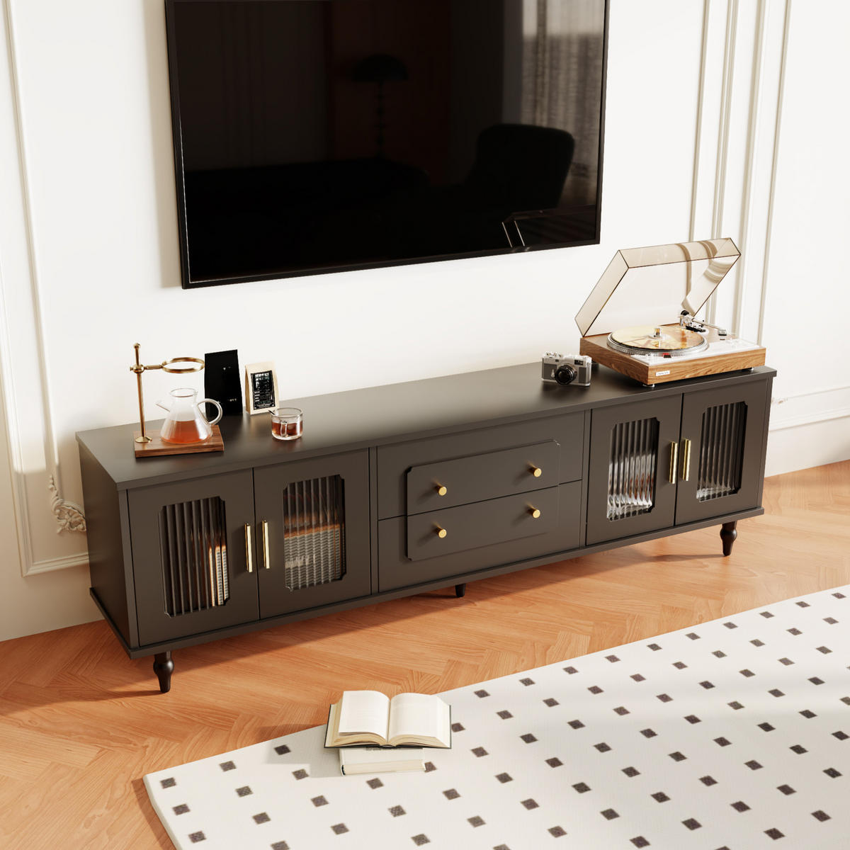 TV-MÖBEL mit Glastüren und Schubladen 177 x 38 x 55,5 cm Schwarz - Schwarz, Holzwerkstoff (38/55.5/175cm) - Beauniv
