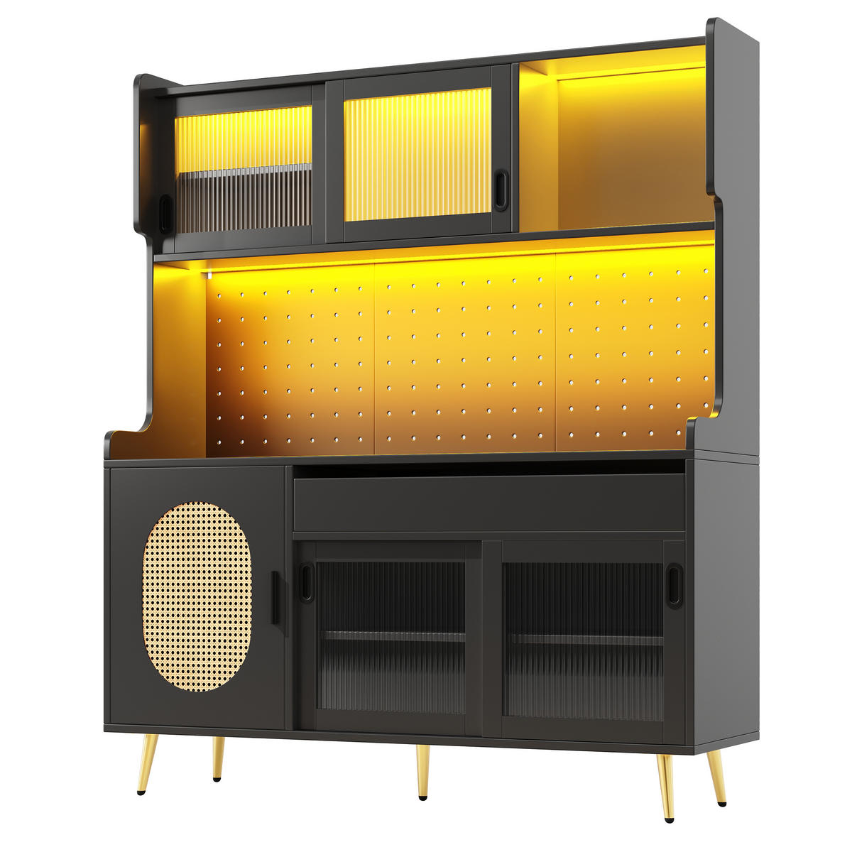 BUFFETSCHRANK 145/39/171 cm schwarz aus MDF mit LED-Lichtleiste - Schwarz, Holzwerkstoff (145/171/39cm) - OKWISH