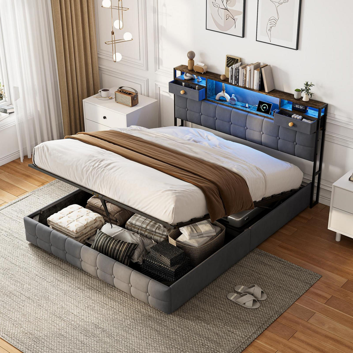 BETT mit hydraulischem Bettkasten, 160/200 cm, mit Samtbezug, LED-Beleuchtung und USB-Anschlüssen, Grau - Grau, Textil/Metall (160/200cm) - Waldena