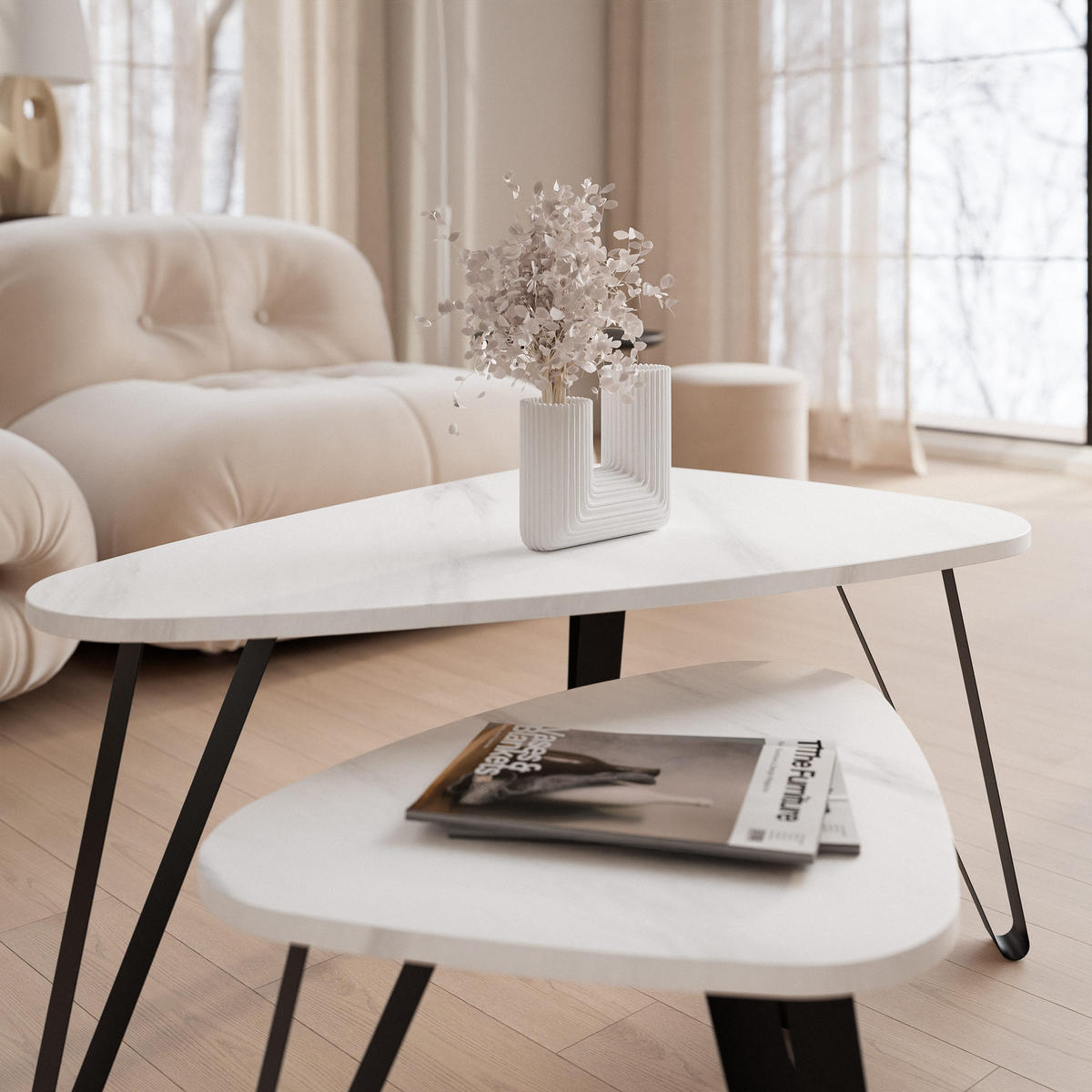 SATZTISCH NOA Stahlgestell, Freiform, Schwarz / Bianco Marmor - Schwarz/Weiß, Holzwerkstoff (94/60/42cm) - Idohome