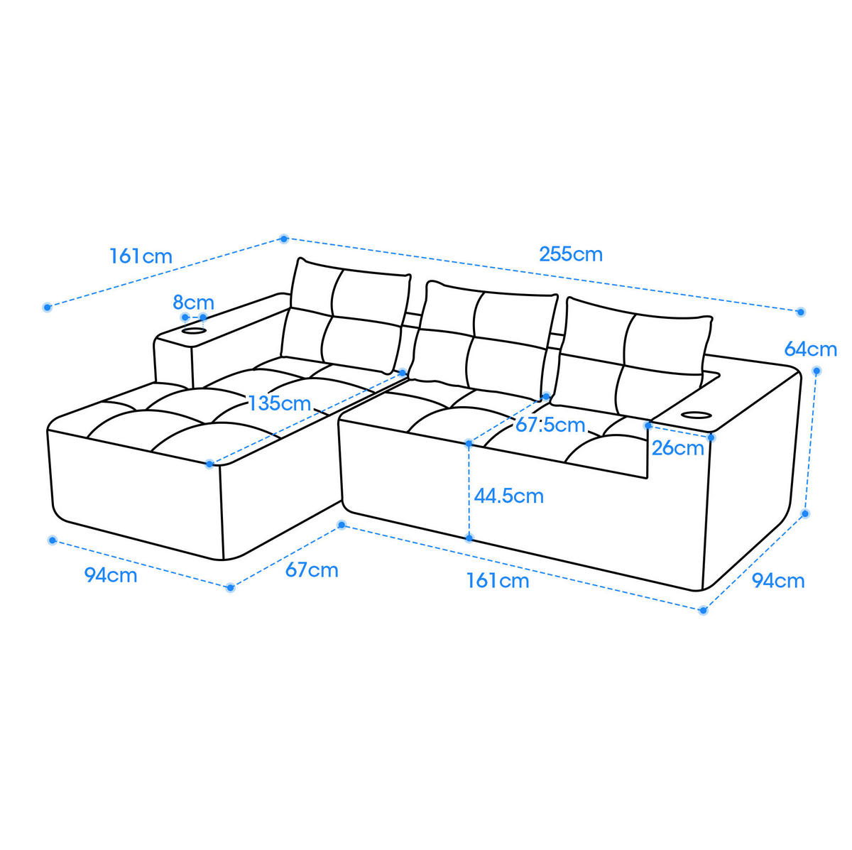 ECKSOFA 258 cm mit Becherhaltern, tiefer Sitzfläche und Chenillebezug, Grau - Grau, Textil (258/163cm) - Redom